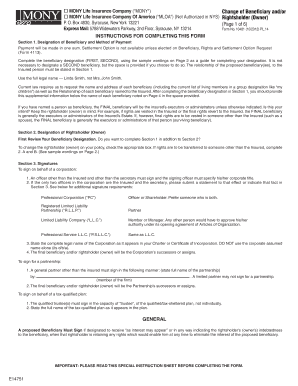 MONY Life Insurance Company MONY Change of Beneficiary  Form