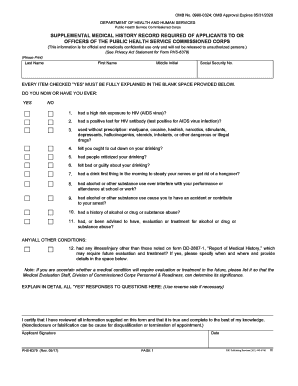 FORM PHS 6379 Supplemental Medical History Record Required of Applicants to the Public Health Service Commissioned CORPS