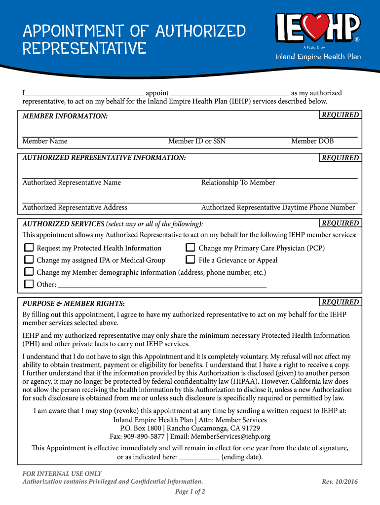  Appointment of Authorized Representative IEHP 2016-2024