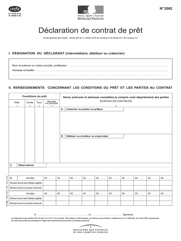  Remplissable Formulaire 2062 D Claration De Contrat De Pr T  Impots 2016