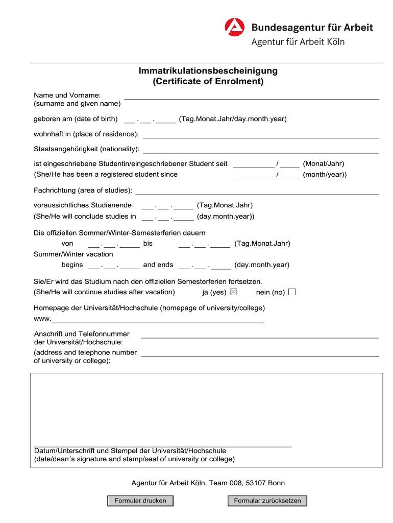 Immatrikulationsbescheinigung Agent  Form