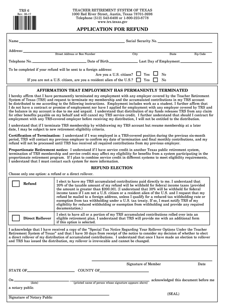  TRS 6  Application for Refund  Special IRS Tax Notice Regarding TRS Payments Form TRS 6  Application for Refund  Special IR 2017