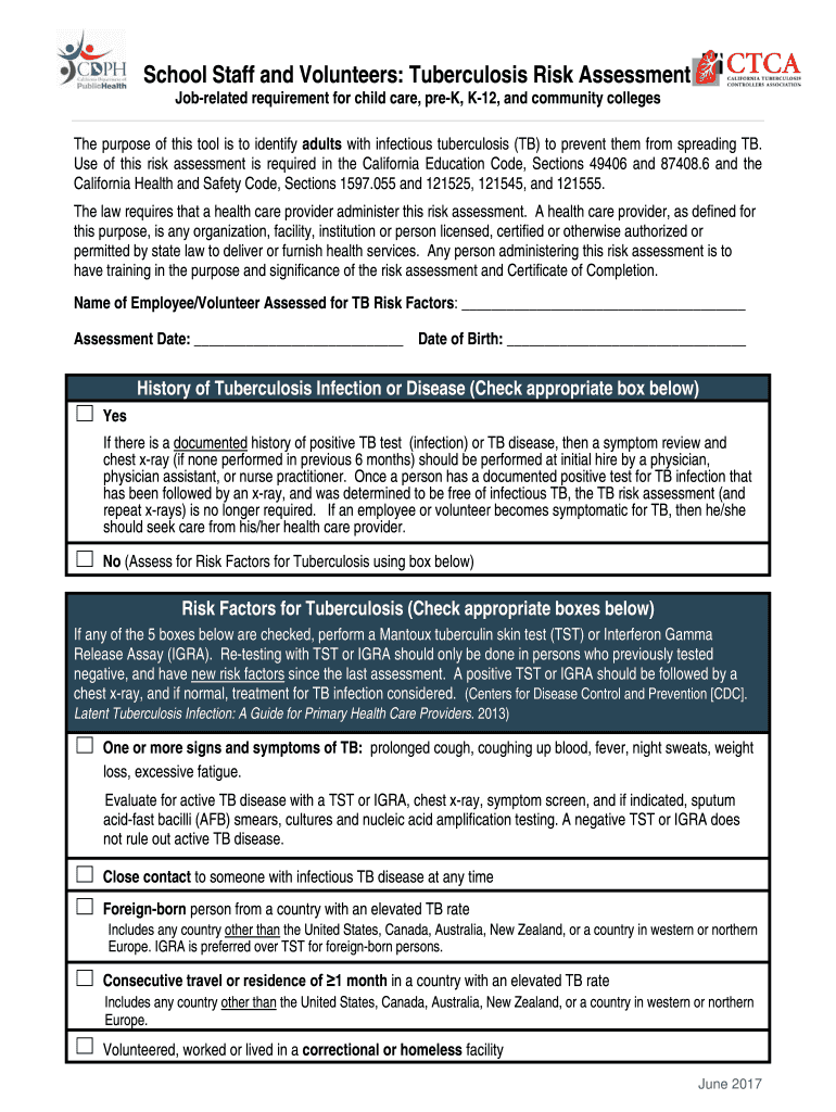  California Tuberculosis Risk Assessment for School Staff and Volunteers 2017