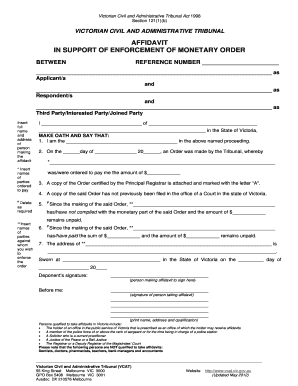 Affidavit in Support of Enforcement of Monetary Order VCAT  Form