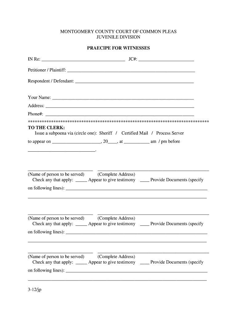 Praecipe for Subpoena for Witnesses Montgomery County  Form