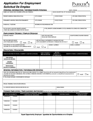 Application for Employment Solicitud De Empleo Parker&amp;#39;s  Form