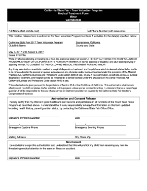 Medical Treatment &amp; Health History Form California State Fair