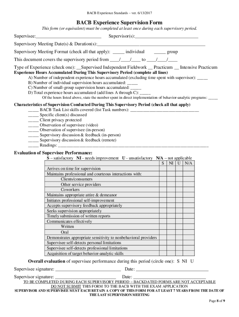 Bacb Experience Verification Form