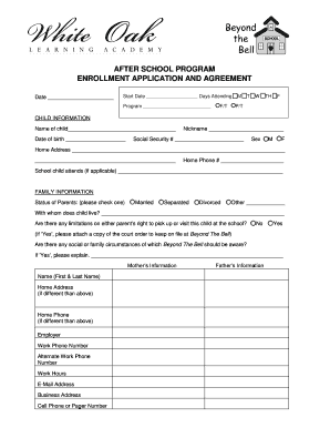 Child Enrollment Application Beyond the Bell White Oak Learning  Form