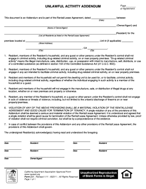 Unlawful Activity Addendum the California Apartment Association  Form