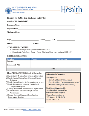 Request for Public Use Discharge Data Files State of Oregon  Form
