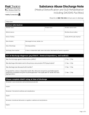 Substance Abuse Discharge Note Providers Select Health of  Form