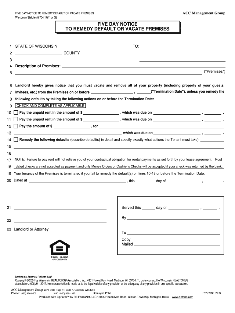 Five Day Notice to Remedy Default or Vacate Premises  Form