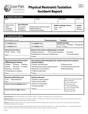 Physical RestraintIsolation Incident Report Clover Park School  Form