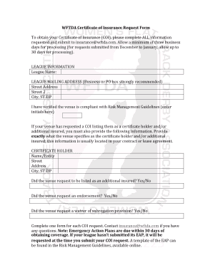 Certificate of Insurance Request Form Template