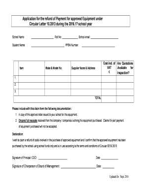 Application for the Refund of Payment for Approved Equipment  Form