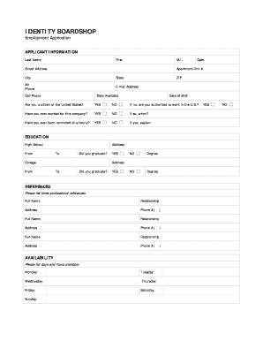 Employment Application Identity Boardshop  Form