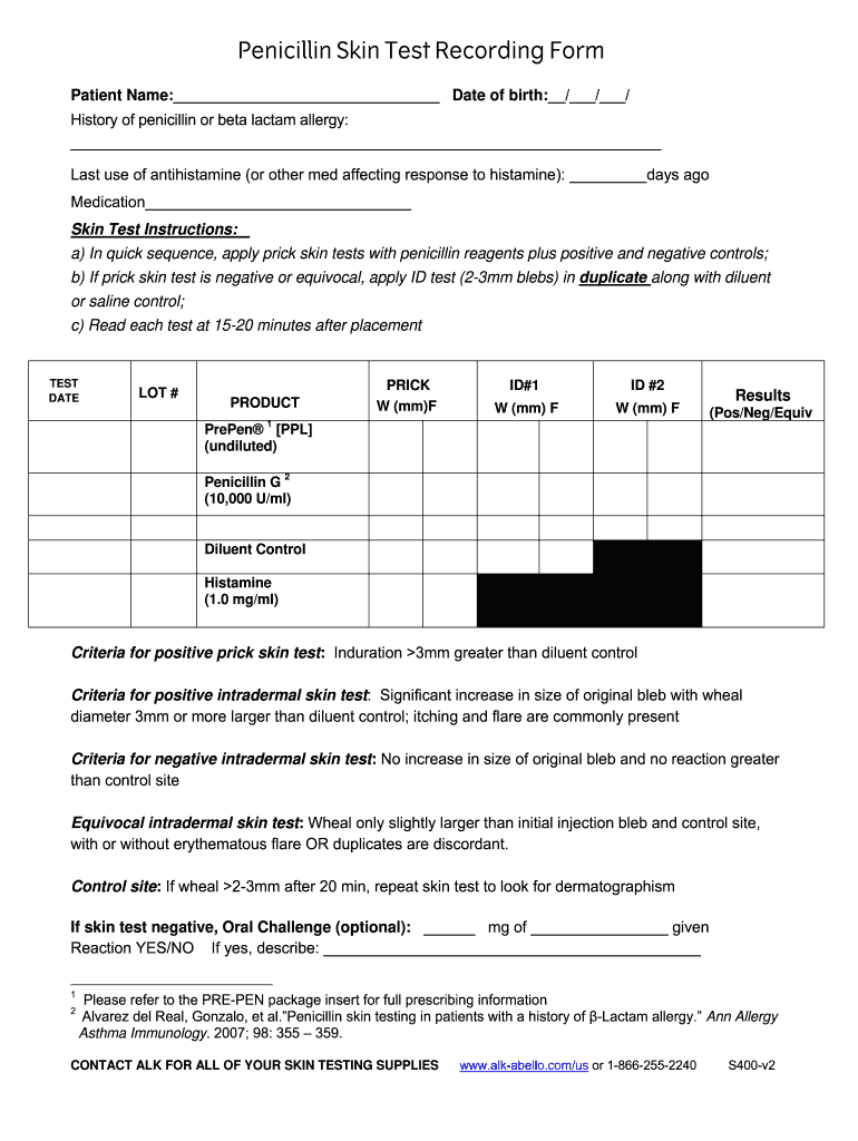 Skin Test Recording Form