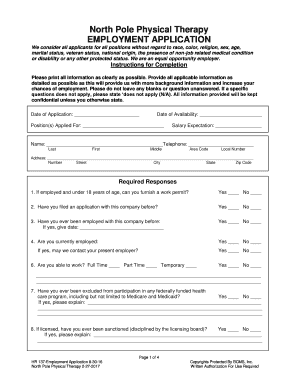 Writable Job Application North Pole Physical Therapy  Form
