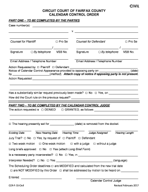 Fairfax Circuit Court Calendar Control  Form