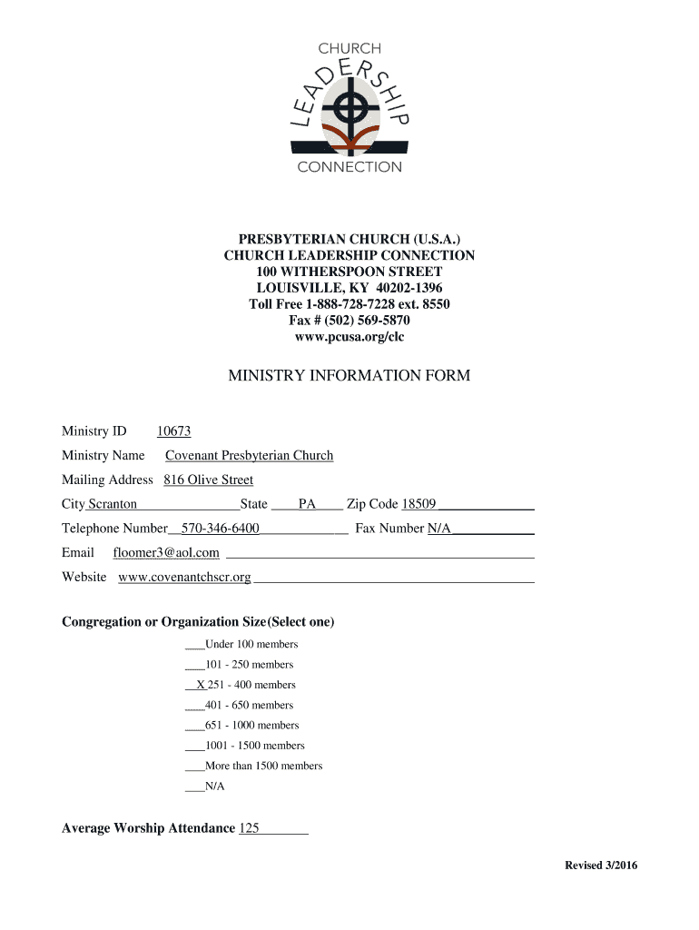 Ministry Information Form  Covenant Presbyterian Church