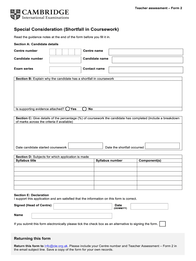 Special Consideration Shortfall in Coursework Teacher Assessment Form 2 March DOC
