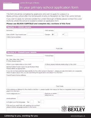  in Year Primary School Application Form London Borough of Bexley 2014