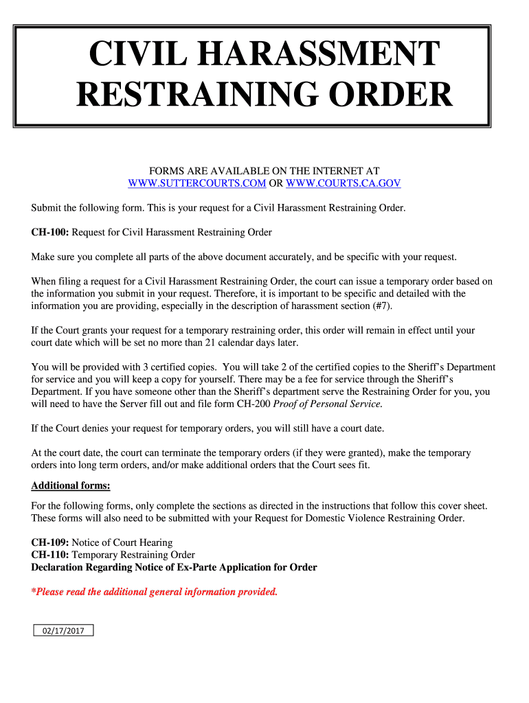 Civil Harassment Restraining Order Sutter County Superior Court  Form