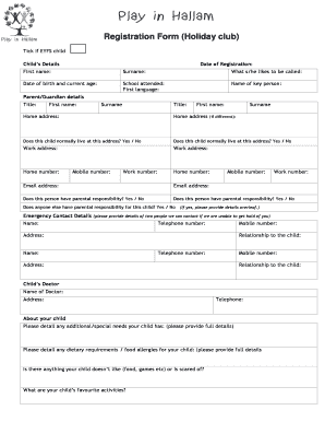 Registration Form Holiday Club Play in Dore