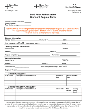 Prior Authorization Durable Medical Equipment Mercy Care Plan  Form