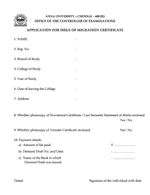 Anna University Migration Certificate  Form