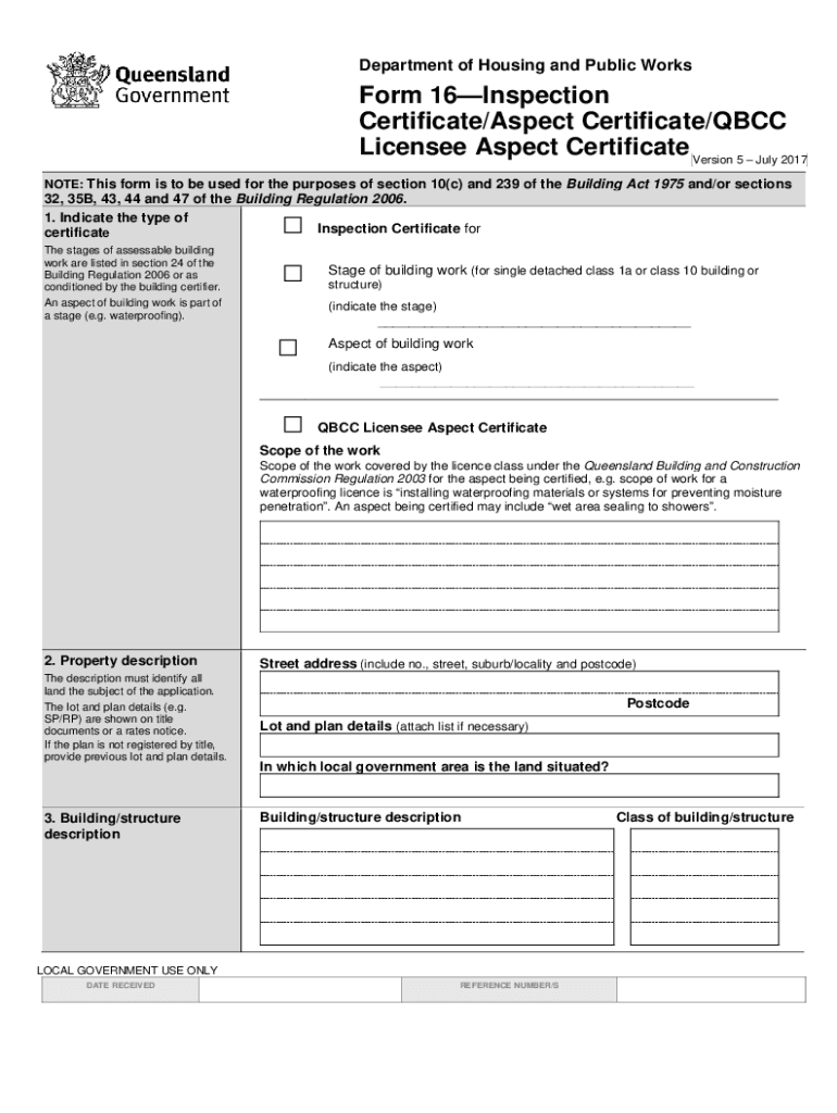  NOTE This Form is to Be Used for the Purposes of Section 10c and 239 of the Building Act 1975 Andor Sections 2017-2024