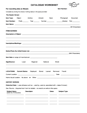 Museum Cataloging Worksheet  Form