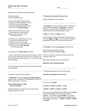 We Wear the Mask Worksheet PDF  Form