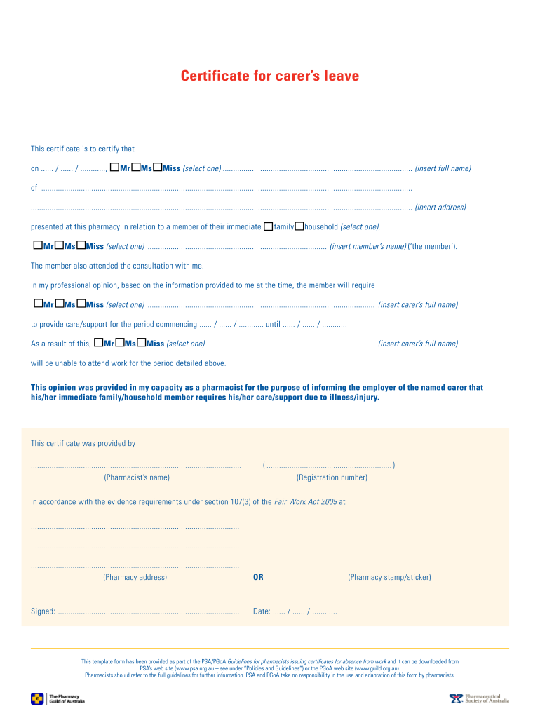 Certificate for Carers Leave  Form