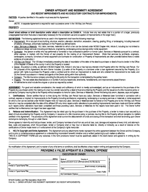 Owner Affidavit and Indemnity Agreement  Form