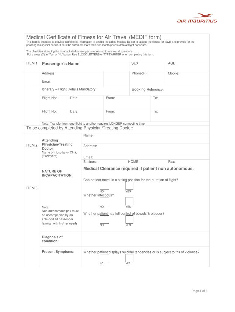 Medical Certificate for Air Travel  Form