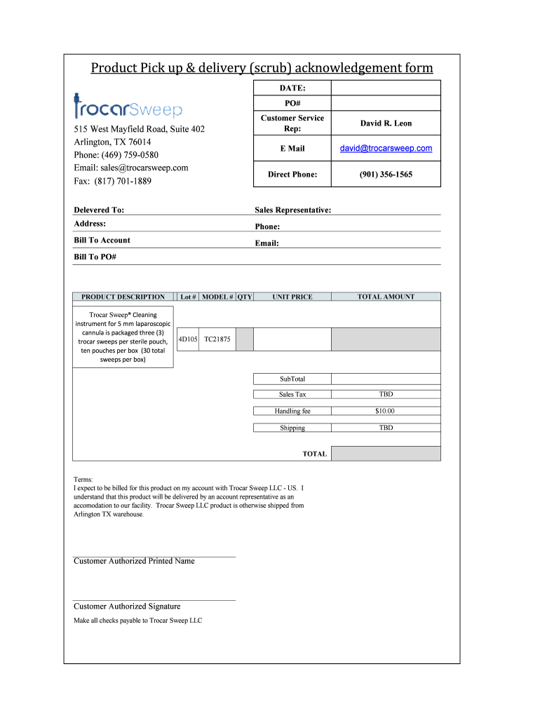 Product Pick Up &amp; Delivery Scrub Acknowledgement Form