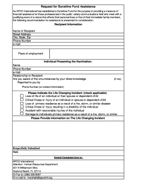 Request for Sunshine Fund Assistance Apcointl Org  Form