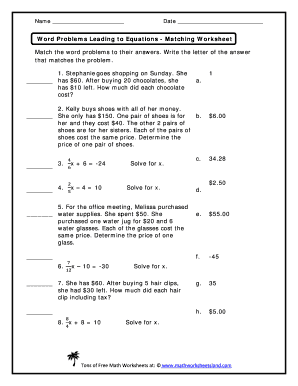 Matching Equations to Word Problems Worksheet PDF  Form