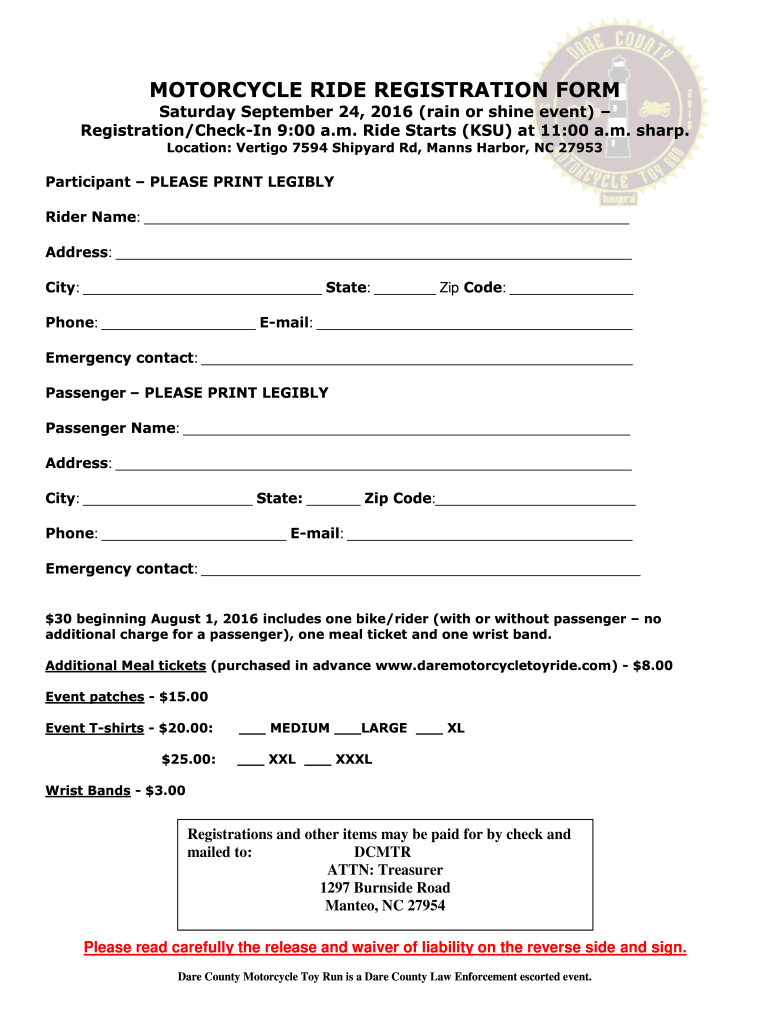 Get and Sign Motorcycle Ride Registration Form Template 2016-2022