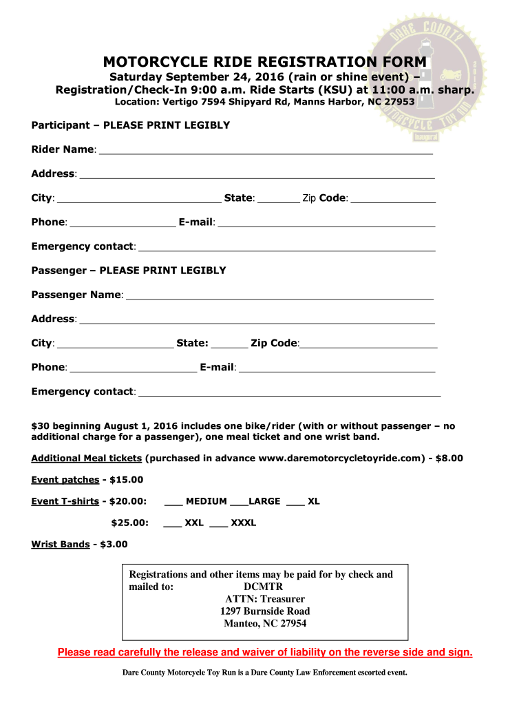  Motorcycle Ride Registration Form Template 2016-2024