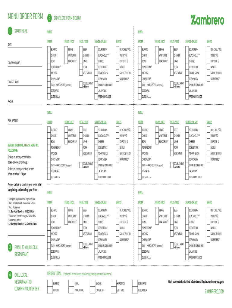 Zambrero Order Form