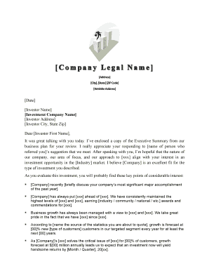 Business Plan Cover Letter for Investors  Form