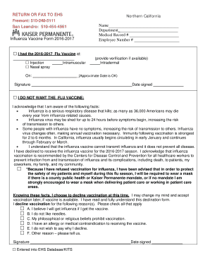  Kaiser Permanente Flu Shot Form Signed 2016