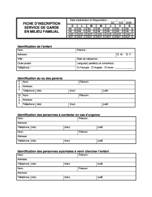 FICHE D INSCRIPTION SERVICE DE GARDE EN MILIEU  Form