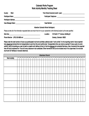 Colorado Works Program Work Activity Monthly Tracking Sheet  Form