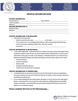 Medical Record Release Westwood Mansfield Pediatrics  Form