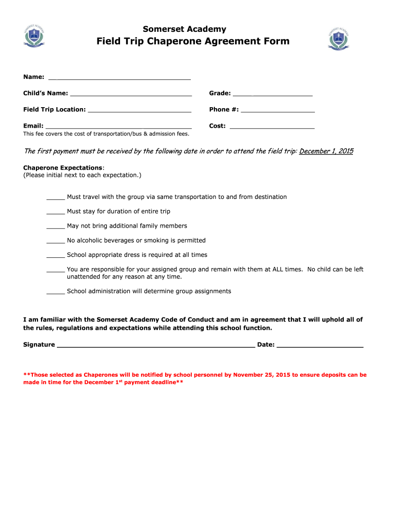 Field Trip Chaperone Agreement Form Somerset Academy