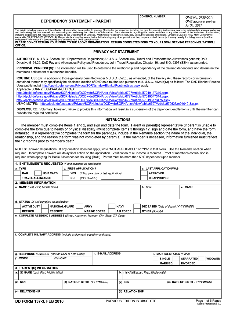  Dd Form 137 3 2016